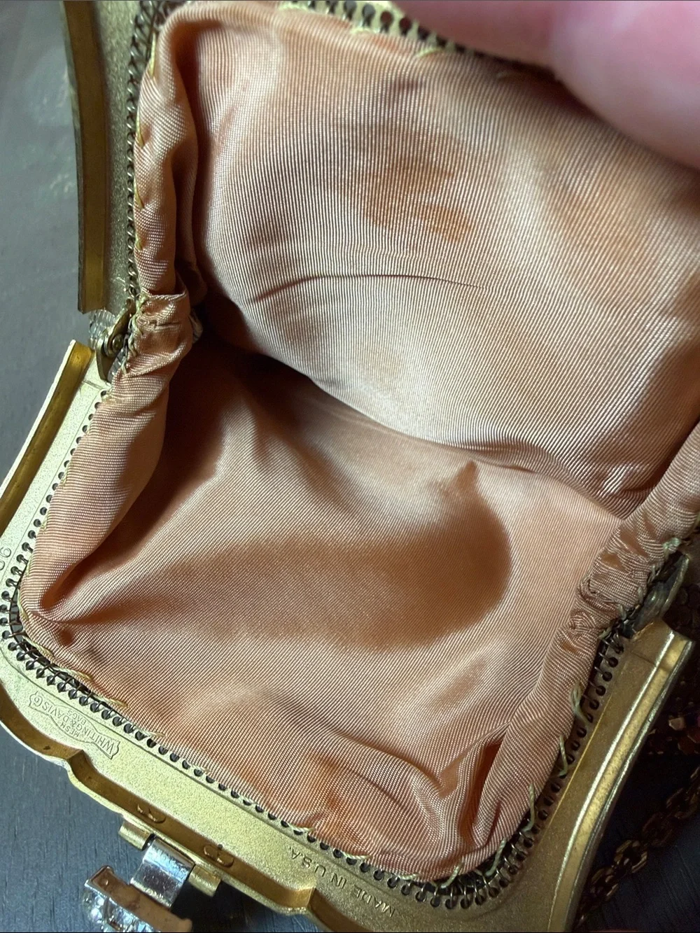 Whiting & Davis Vintage Gold Mesh Evening Clutch with Rhinestone Clasp
